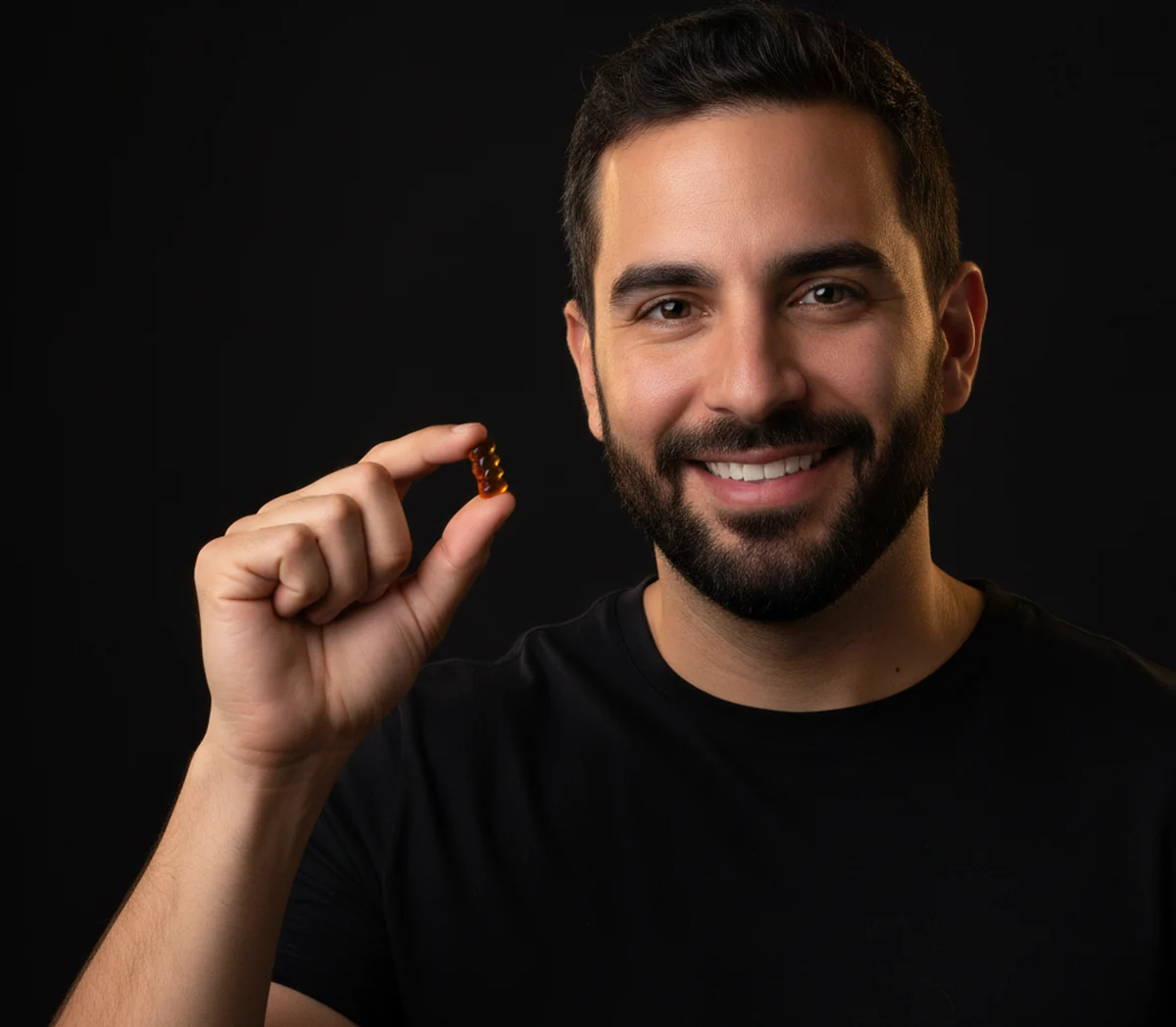 Hombre sonriendo con las gomitas de MuscleMax